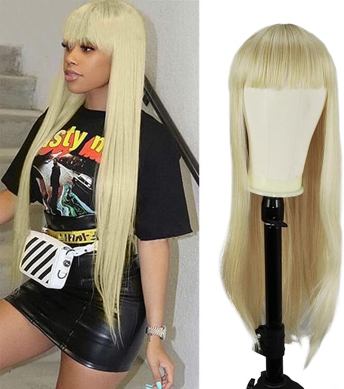 bonjojo 金发假发带刘海长直合成假发适用于女士高温耐热*替换假发