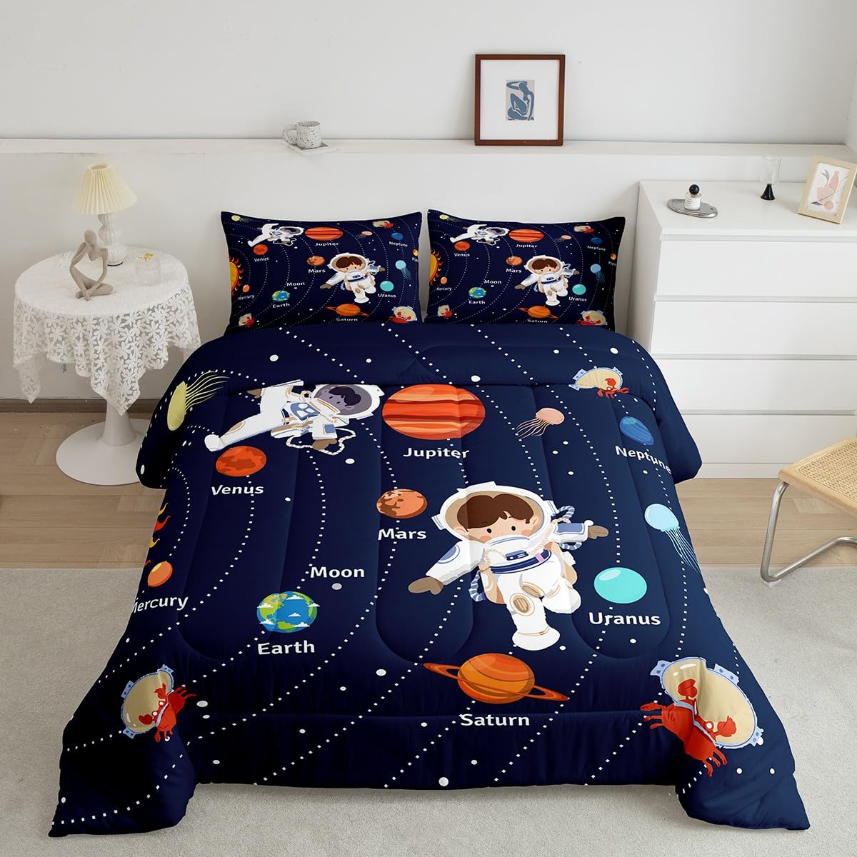 Feelyou Solar System Quilt Set Large Outer Space Quilt suitable for kids Teen Adult Space Planet bedding Set Cute Astronaut Blue duvet set Room Decoration 3-piece set with 2 pillowcases