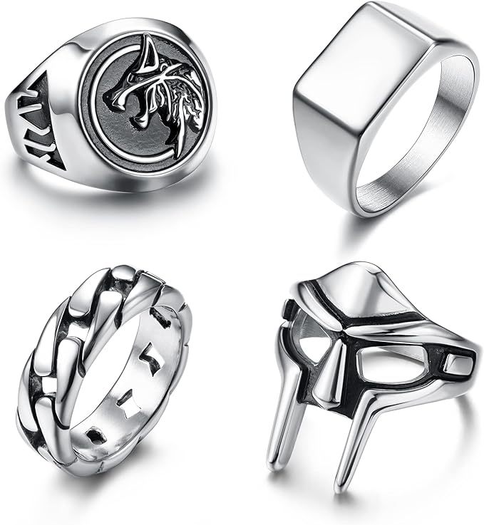 morfetto 男式戒指套装 mf doom 戒指狼戒指图章戒指链戒指套装不锈钢
