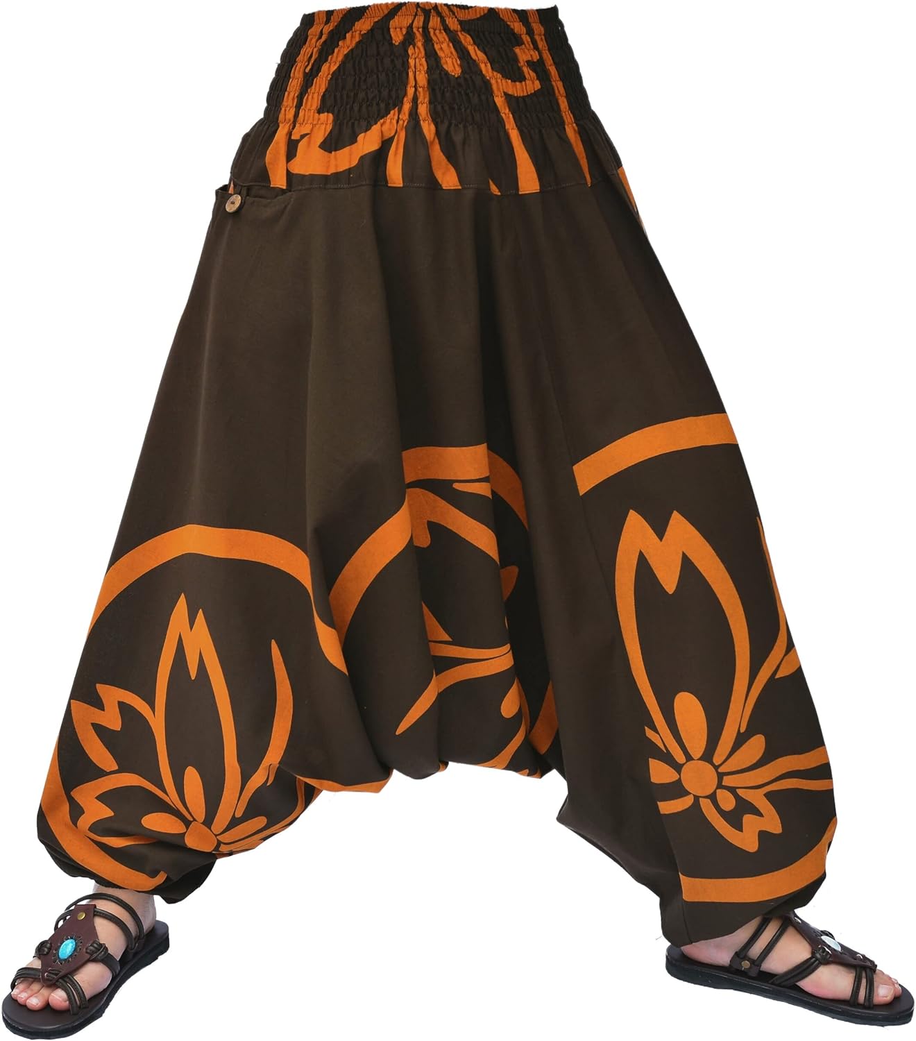 siamrose 经典哈伦裤男式女士阿拉丁裤纯棉手工制作, braun orange