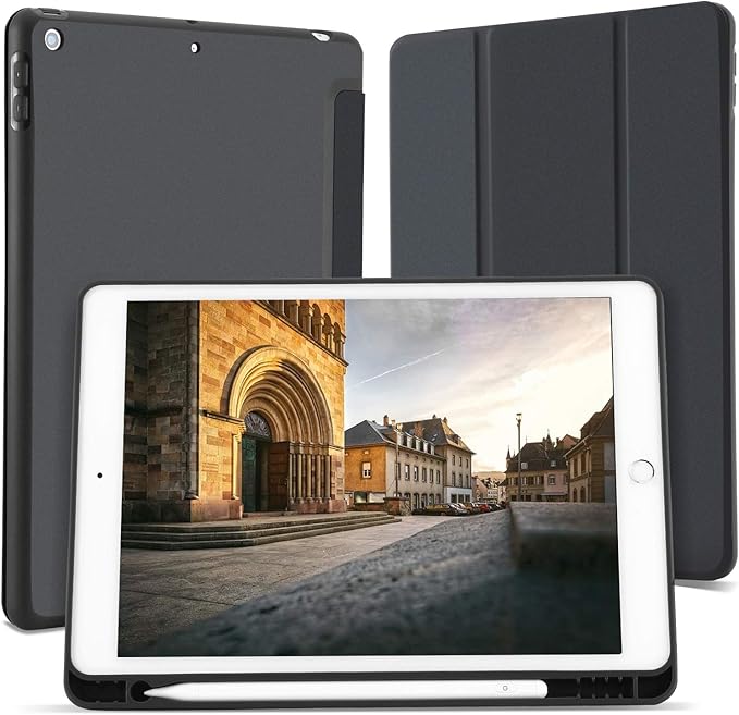 适用于ipad 10 2 英寸带铅笔架的保护套2020 新款ipad 8 代 2019 Ipad 7 代保护智能盖自动唤醒 轻质平板电脑保护套 黑色 亚马逊中国 电脑 It