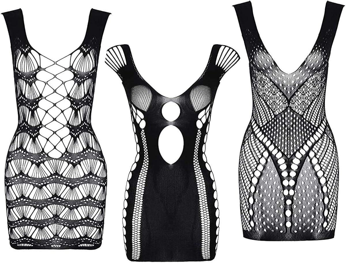 gviancxi 3 件装女式渔网内衣条纹迷你连衣裙镂空均码内衣睡衣衬裙