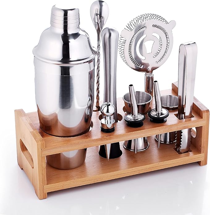 drincarier 调酒器套装:11 件鸡尾酒工具套装,带竹制支架 - 完美的