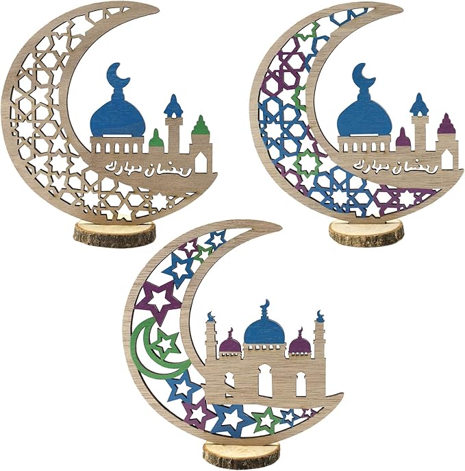 3 件开斋节木制装饰品,斋月装饰,斋月挂牌装饰品,月亮星星挂件快乐