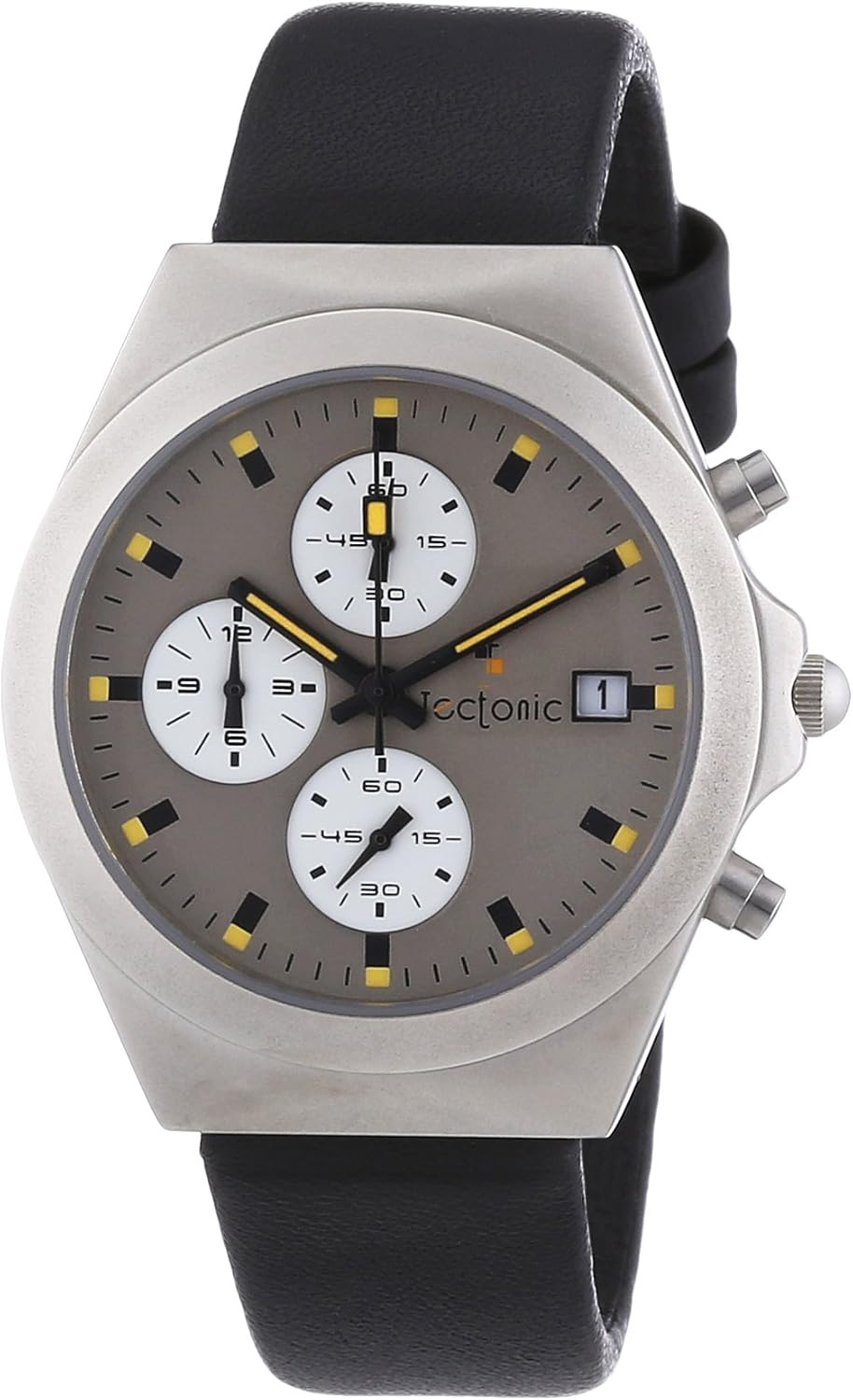tectonic 中性石英手表带灰色表盘和黑色皮革表带 41-6904-84