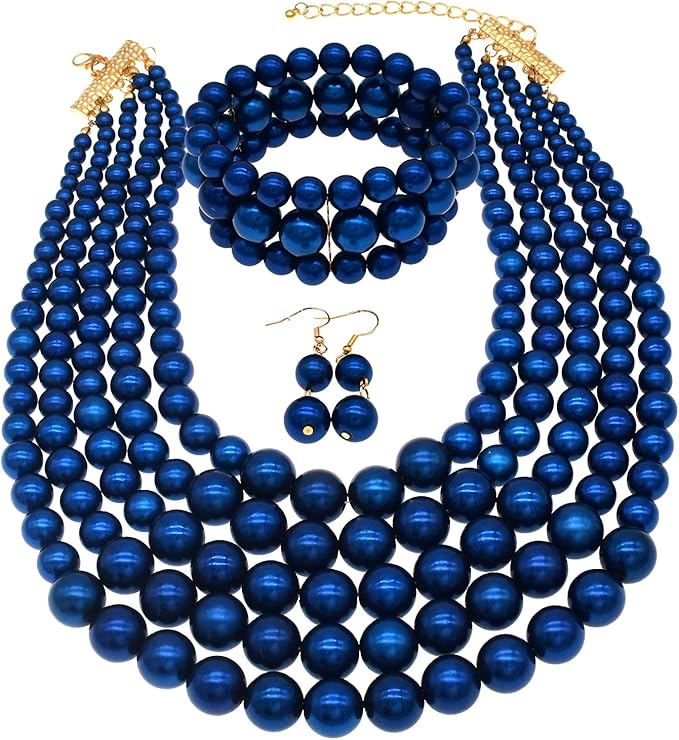 jnf 多层珍珠串服饰珠宝套装珍珠项链手链和耳环女式 宝蓝色珍珠项链