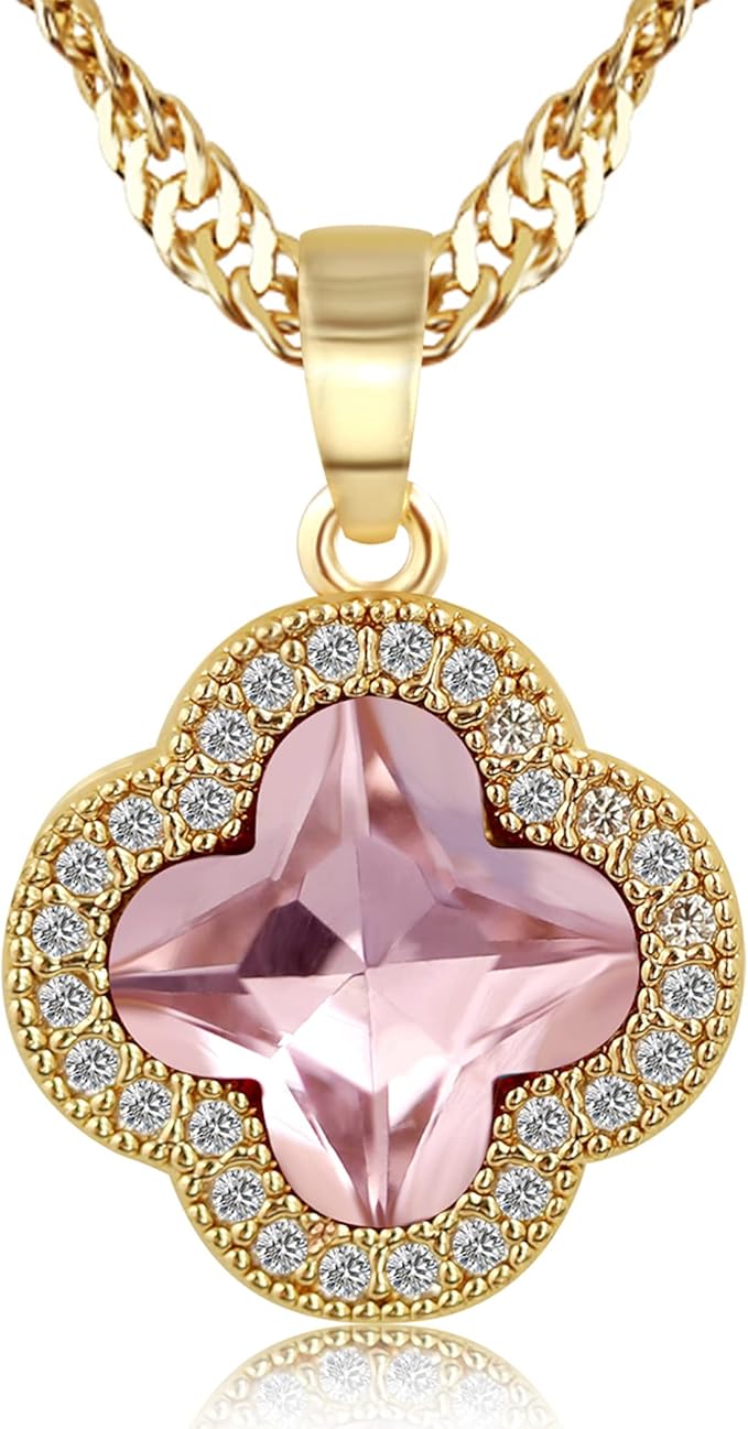 miss right 女式四叶草项链,14k 镀金方晶锆石三叶草好运水晶项链,40.