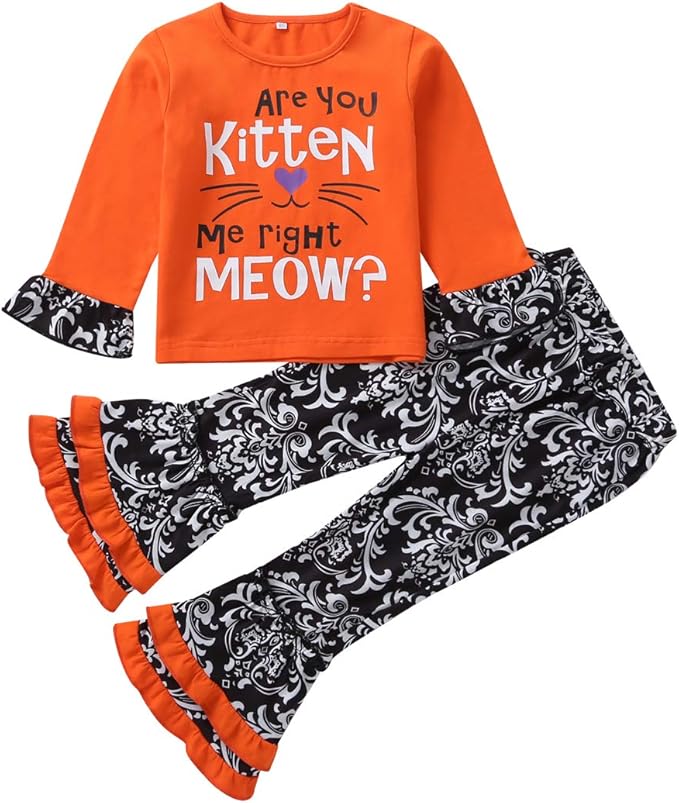 younger star 女孩秋季,万圣节,感恩节 2 件套荷叶边精品裤套装