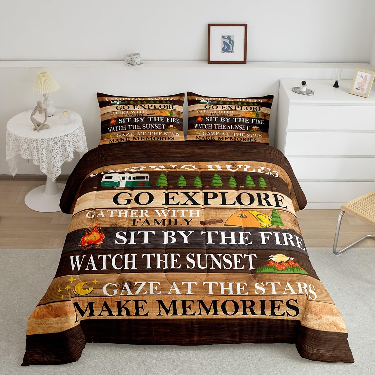 Erosebridal Camping Rules Quilt set Child Boy Teen Adult Bedroom decor, Camping Trip Car bedding quilt set Country Cottage Old barn quilt set Single bed size, brown