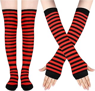 女式女孩条纹大腿袜彩虹过膝高运动长袜角色扮演手臂保暖无指手套套装