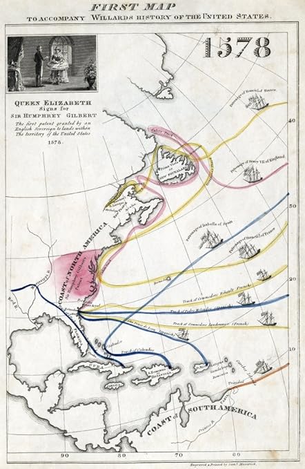 汉弗莱 吉尔伯特爵士 C1539 15 英语导航家和士兵地图 显示伊丽莎白女王grant To Humphrey Gilbert 爵士 正如其他欧洲探险家的旅程 雕刻海报印刷品