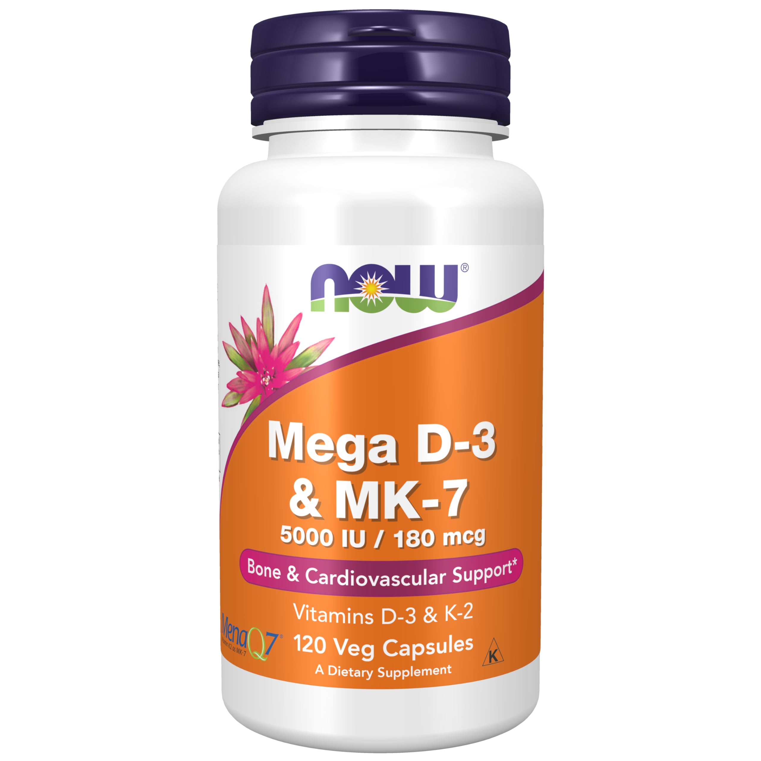 NOW Supplements, Mega D-3 and MK-7, 5000 IU /180 mcg, Bone and cardiovascular support *, vitamins K-3 and K-2, 120 capsules
