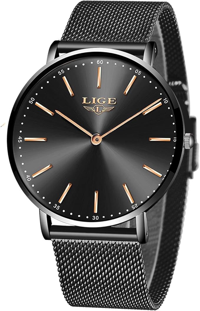 lige 男士手表超薄中性款防水运动不锈钢网眼腕表男式时尚简约指针