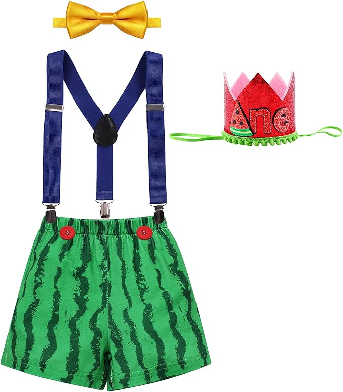 男婴*个生日服装西瓜奶牛主题裤子   y 型背带 头带蝴蝶结 4 件衣服