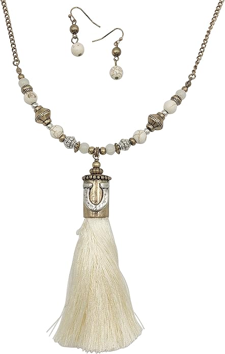 珠宝长双色天然石和螺纹流苏流苏项链 - 混色 : 亚马逊中国: 珠宝首饰