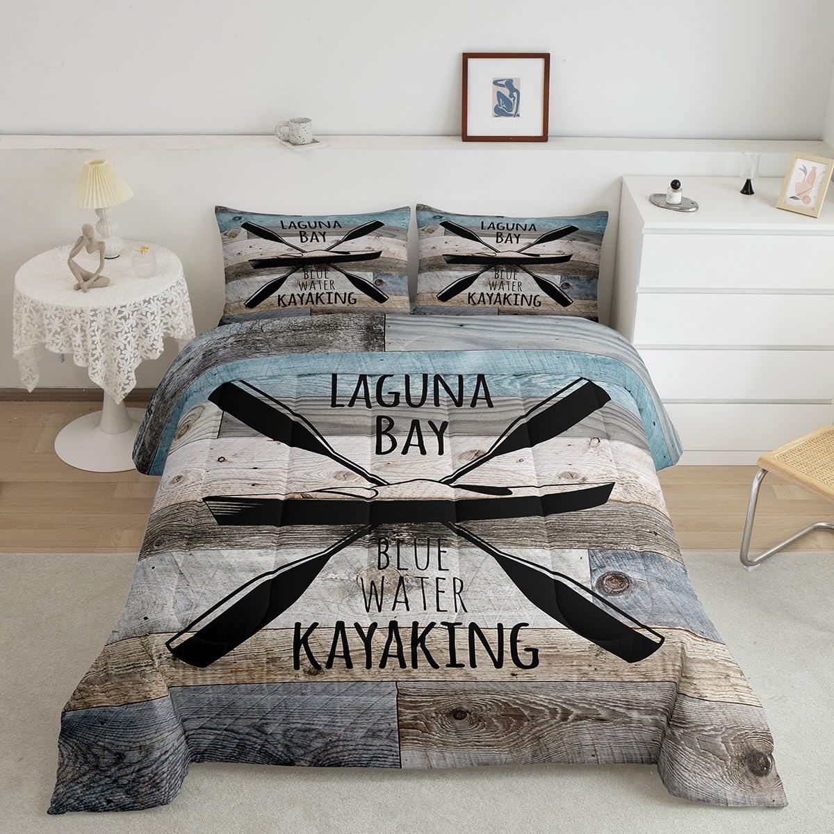 Erosebridal Lake Theme Bedding Fishing Boat Quilt Set, Lake House Bedding Quilt Set Vintage Blue wood quilt, suitable for teen teen adult,1 quilt 2 pillowcases, all