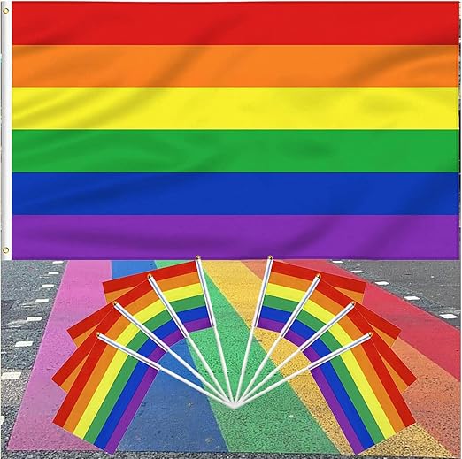 彩虹骄傲旗帜 3x5 英尺,带 12 件小型迷你*骄傲手持旗帜 5x8 英寸棒 6