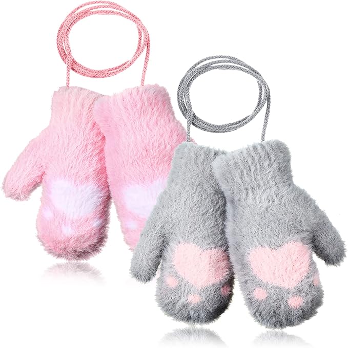 2 双儿童手套带绳猫爪羊毛手套冬季毛绒可爱猫咪手套,适合女孩和男孩 