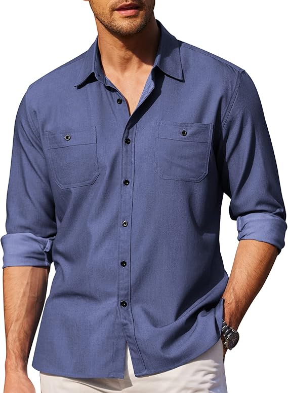 coofandy 男式牛仔纽扣衬衫长袖条纹衬衫梭织衬衫