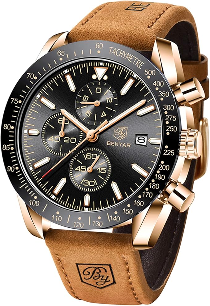 benyar 男式大表盘表圈设计多功能计时器,休闲时尚商务不锈钢手表