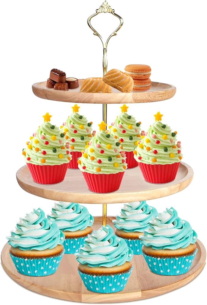 3 层纸杯蛋糕架,木质坚固分层托盘服务架,mykasen 优雅圆形展示塔甜点