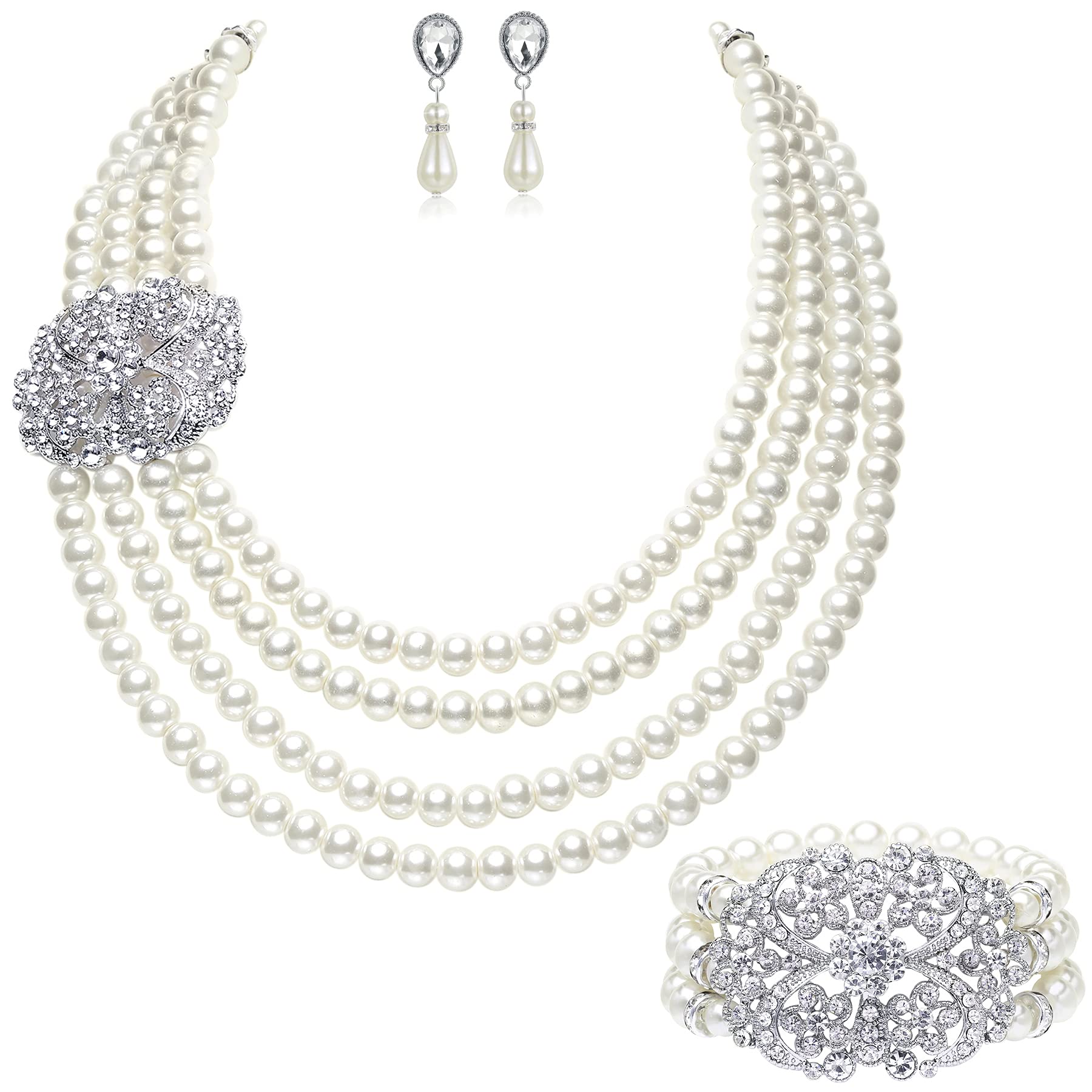 babeyond Pearl Necklace Bracelet Earrings Set with * Brooch Bride Wedding Pearl jewelry Set