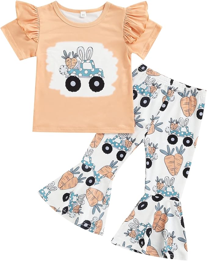 幼儿女婴复活节服装可爱兔子印花短袖衬衫上衣和喇叭裤衣服套装