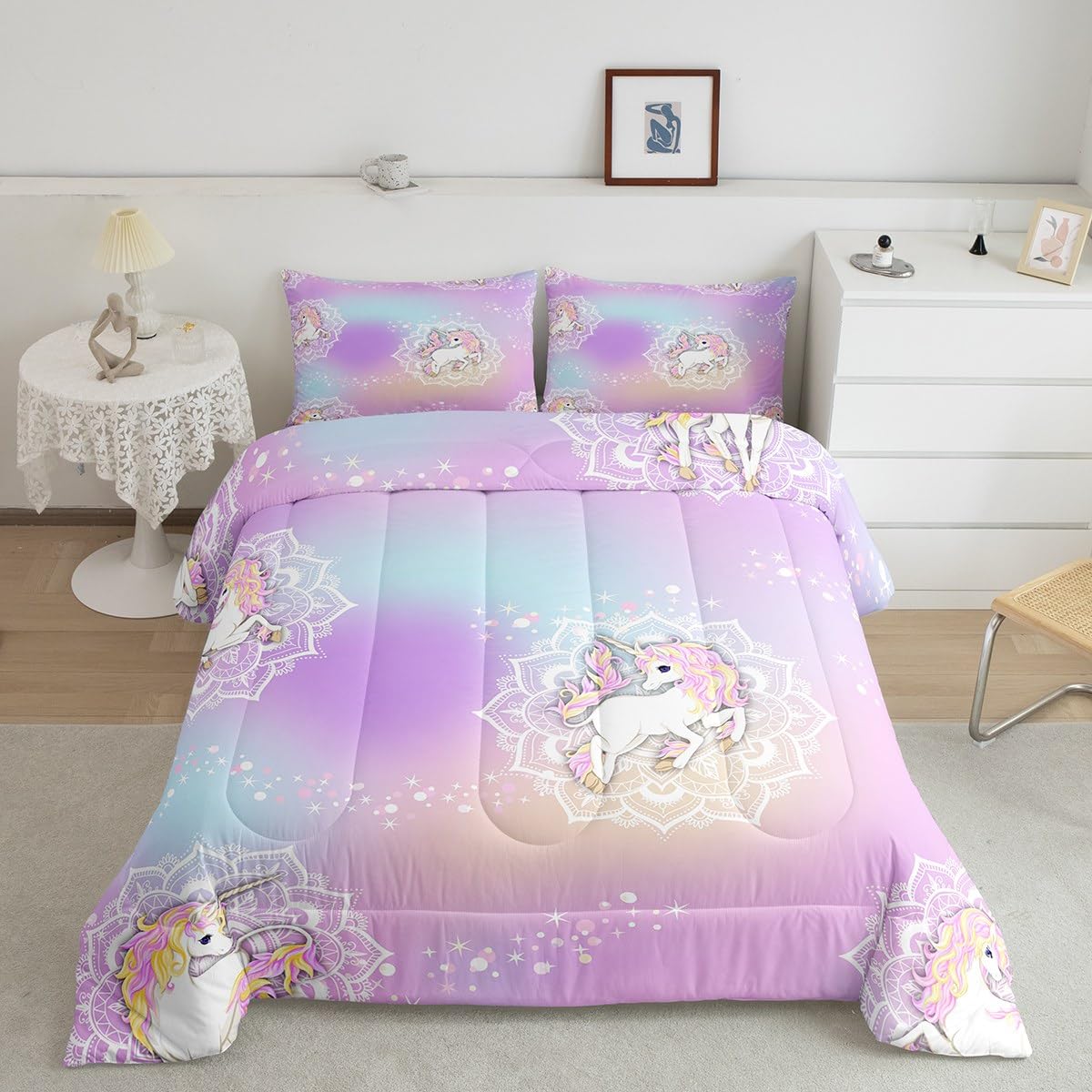 Rainbow Unicorn Girls Bedding Set, Pink Girls Glitter Quilt Set Full Size Glitter Galaxy Glitter Bedding Set for Kids Ladies Teens, Bohemian rainbow Mandala flower quilt gradient room decor