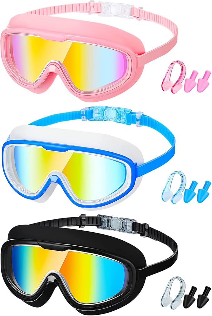 3 件装成人游泳护目镜游泳宽护目镜无泄漏防雾眼镜带鼻夹耳塞男女