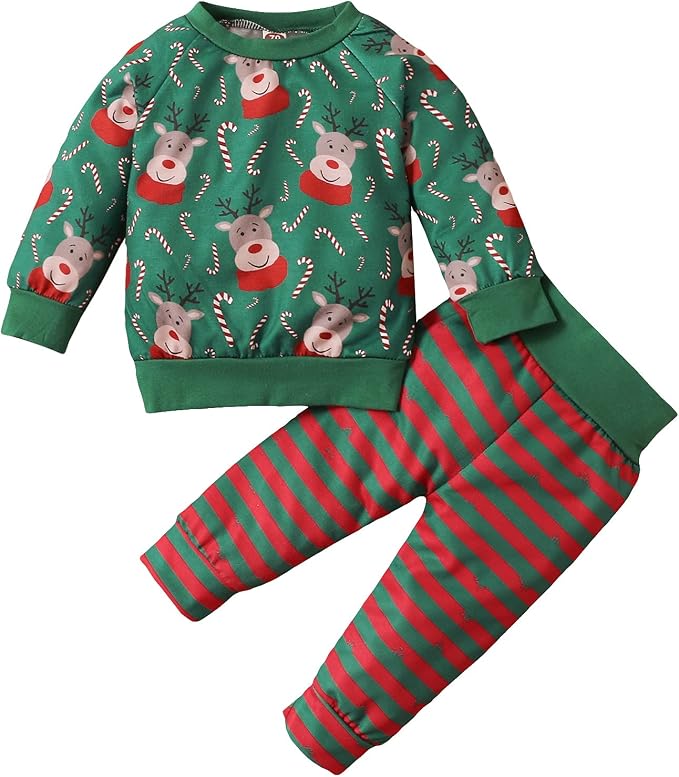 幼儿男童女孩圣诞裤套装,圣诞鹿服装长袖*裤子套装派对冬季服装