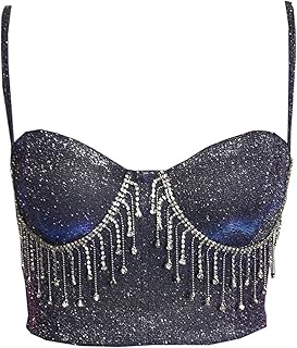 sansoisan 女式性感钻石珍珠流苏串珠水钻露背修身紧身胸衣露脐上衣