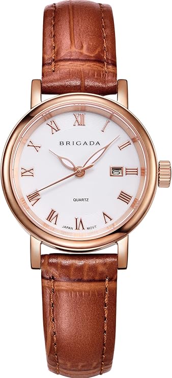 brigada 女式不锈钢真皮表带简约礼服手表带日期日历