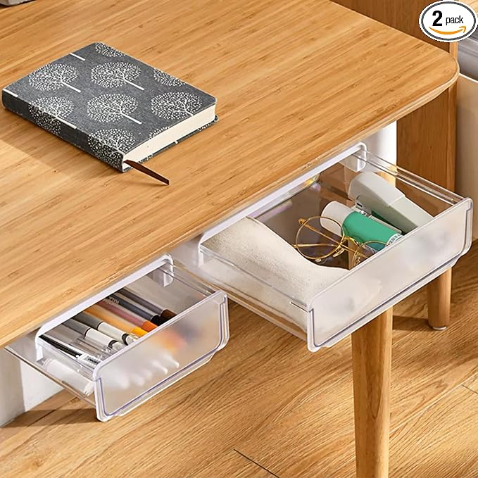 ABuff 2 件装桌下抽屉滑出式,自粘式桌下抽屉储物收纳盒,隐藏在桌下抽屉