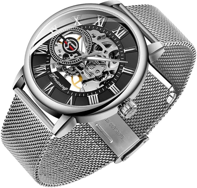 男式骨架手表经典罗马数字蒸汽朋克机械手表手动上链男士手表(蓝色)