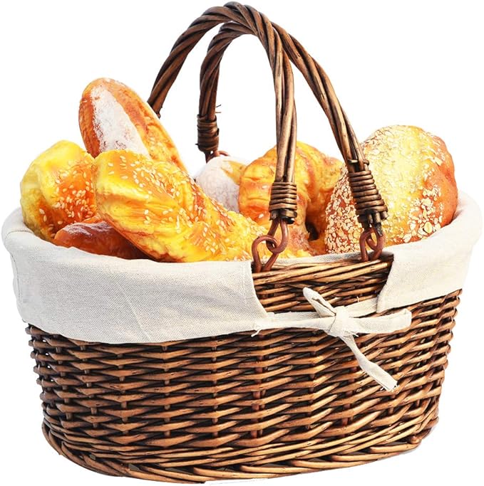 lookat 柳条面包篮野餐篮,手工编织柳条非常适合复活节篮,塑料复活节