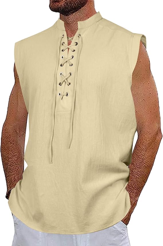 nanameei 男式无袖亨利衫男式中世纪系带无袖衬衫