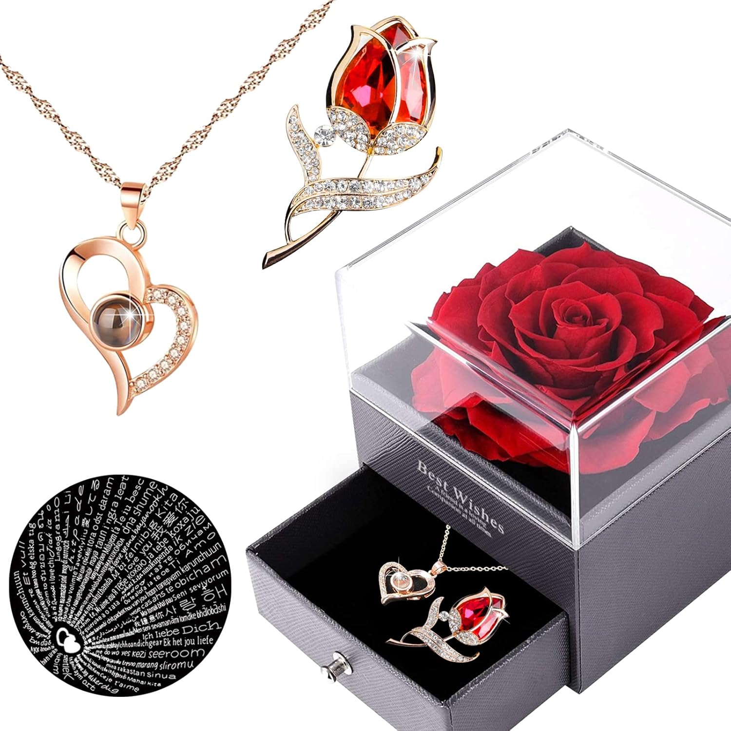 CEINCHOU Valentine's Day Preserved Real Roses with Necklace Birthday, Gift for Women, Valentines Day Gift for Girlfriend, her Wife Mother Valentine Anniversary Mother's Day