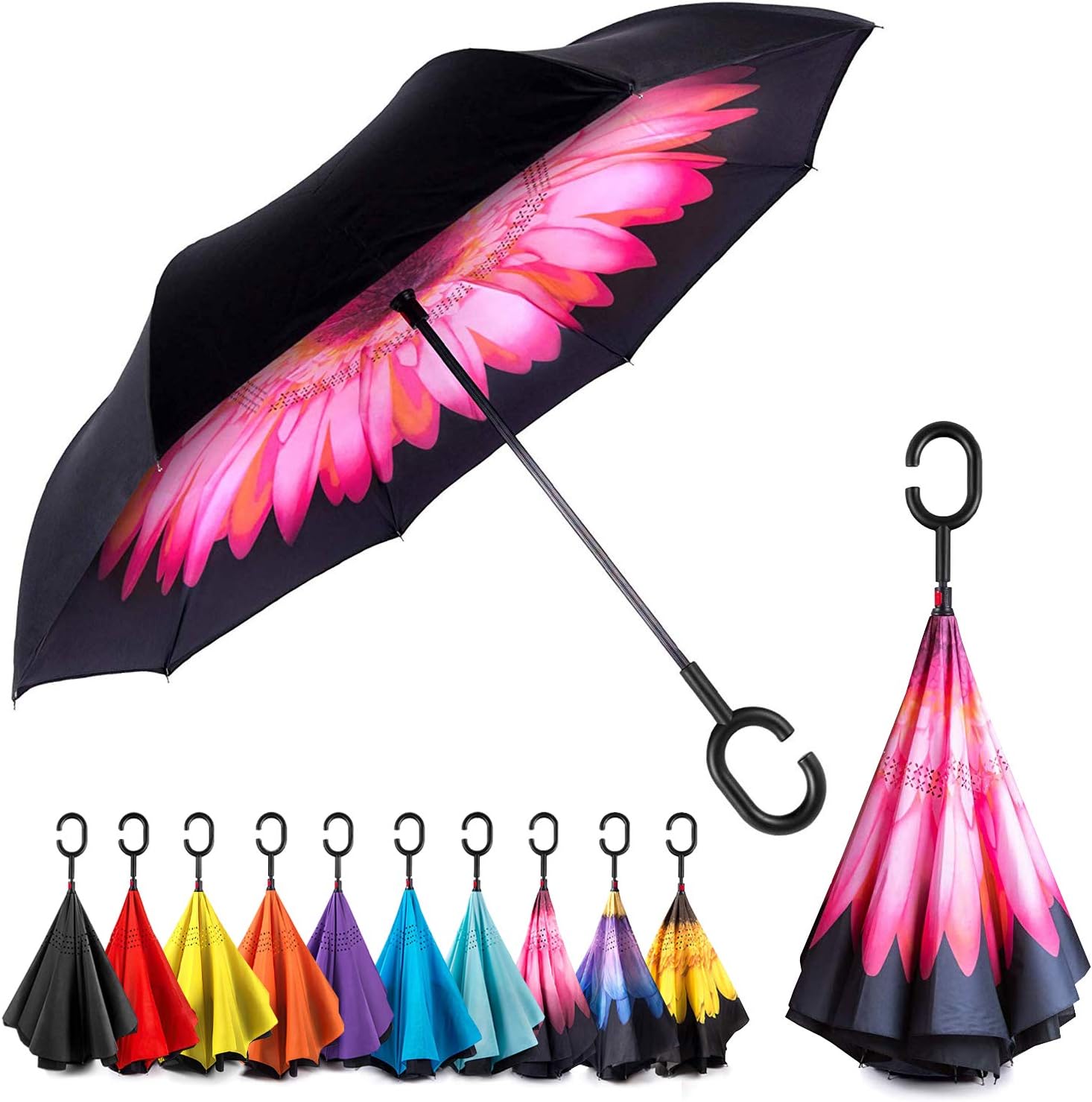 eez-y 反向反向防风雨伞 - 上下翻伞 c 形伞柄 男女通用 - 双层内翻