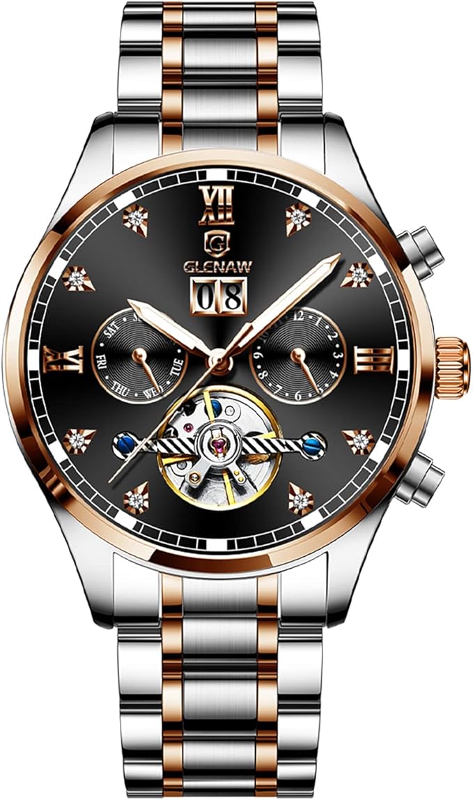 glenaw 男士自动手表,男士防水手表不锈钢表带骨架自上链机械手表年月