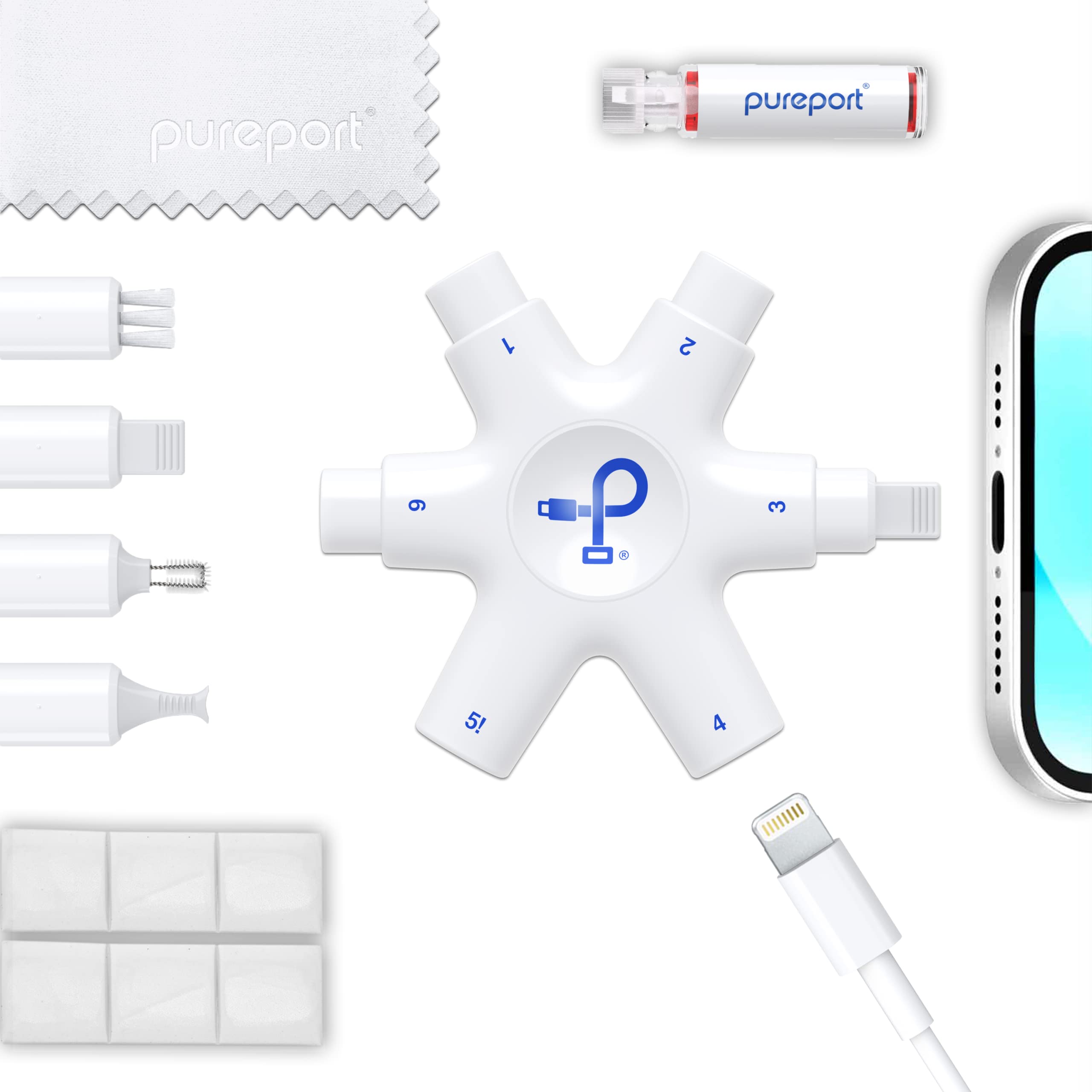 PurePort Multi-function Phone Cleaning Kit with AirSquares Earbuds Clean Putty - Clean, repair and restore iPhone and iPad ports, lightning cables and connectors - fix unreliable charging and poor con