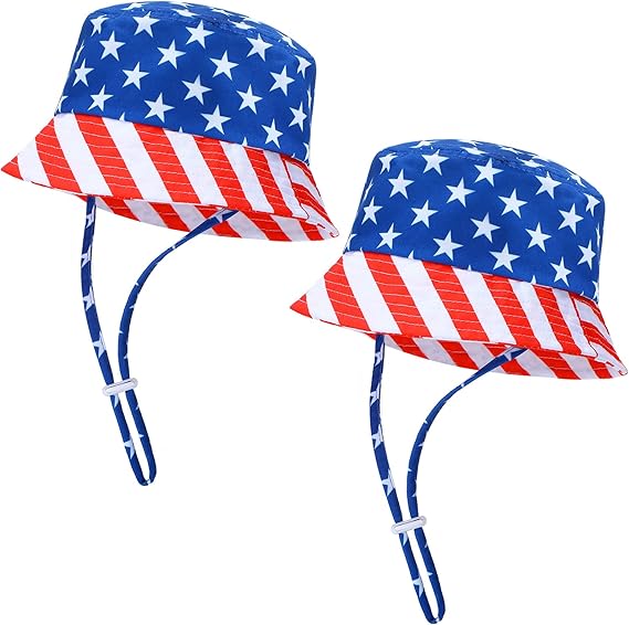 bonuci 2 件 7 月 4 日婴儿太阳帽美国国旗可调节幼儿渔夫帽宽帽檐