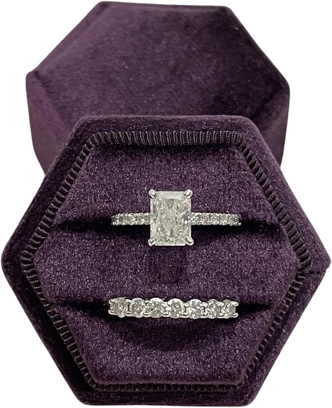 双槽六角形天鹅绒戒指盒复古风格储物盒,适合订婚平躺和婚礼仪式(深