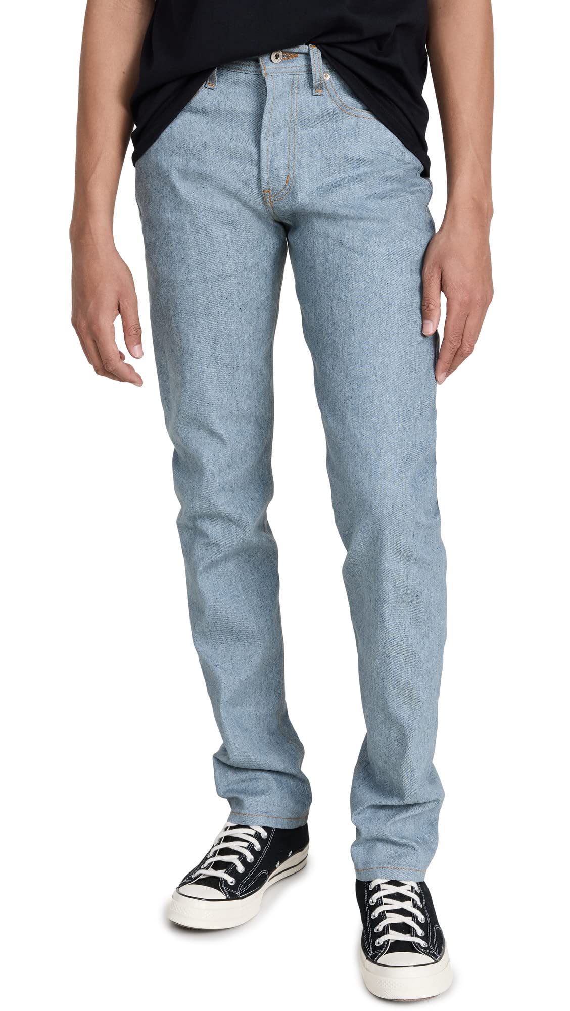 Naked & Famous Denim Men's Weird Guy tapered slim jeans, lightweight reclaimed hem stone blue
