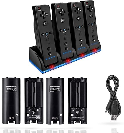 Pgyfdal 充电站 适用于wii 遥控器 4 合1 控制器充电器底座 带4 个2800 Mah 可充电电池组和wii 遥控器充电线 黑色 亚马逊中国 电脑 It 办公