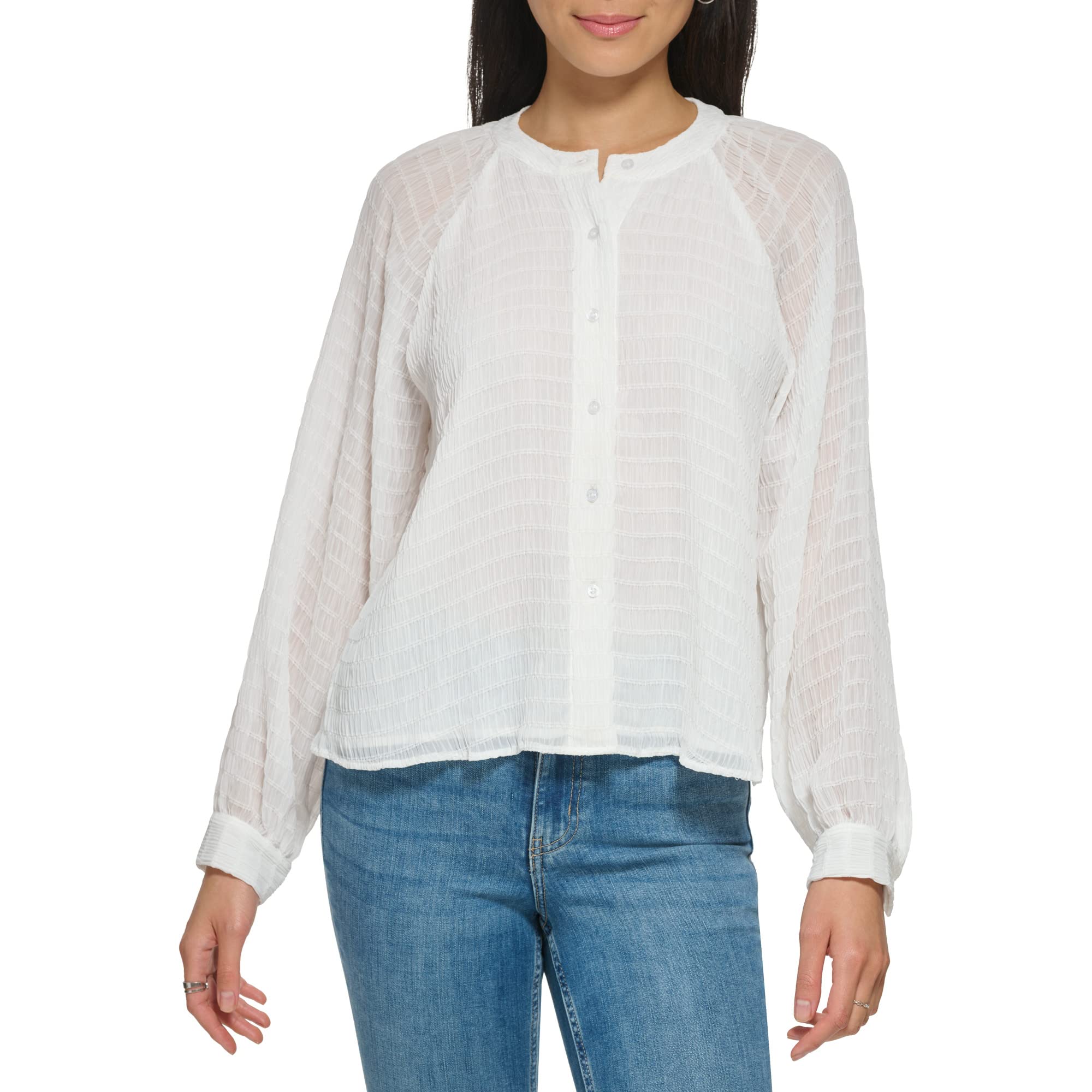 Calvin Klein Women's pleated chiffon flowy long-sleeved shirt