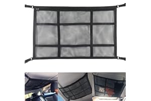 *汽车天花板货物网 - 双层网状口袋屋顶收纳架带可调节肩带,适用于大多数汽车 SUV MPV 卡车