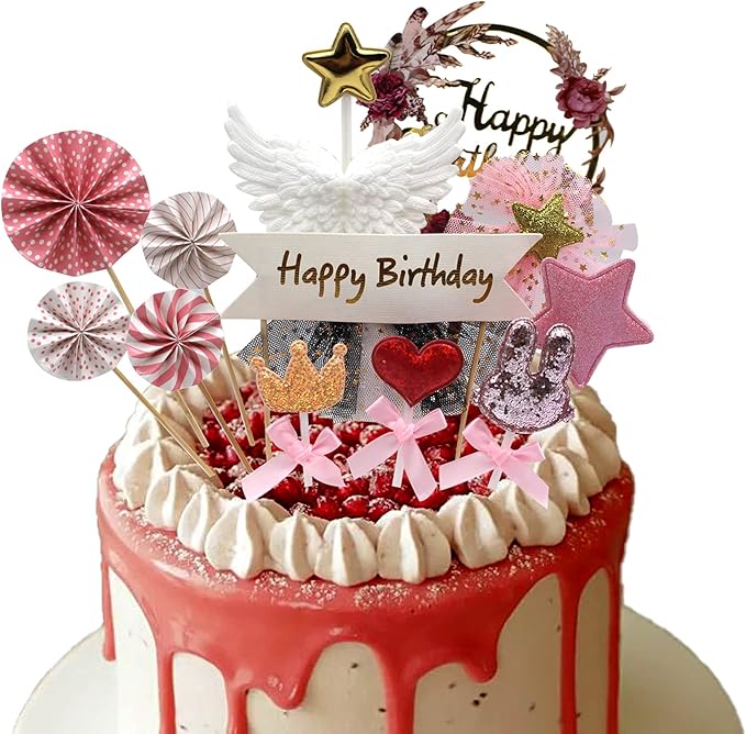 生日快乐蛋糕顶饰装饰流苏生日快乐横幅亚克力花卉蛋糕顶饰纸扇纸杯
