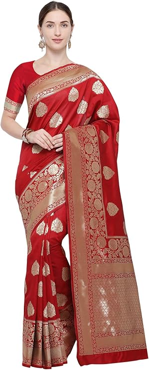 kanchnar 女式红色涤纶丝绸 kanjivaram 纱丽与未缝合衬衫