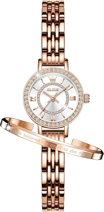 olevs 女士石英玫瑰金手表优雅礼服闪亮钻石设计超薄不锈钢防水女士