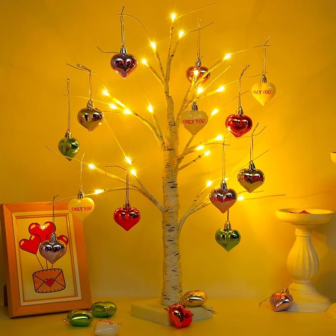 情人节装饰照明桦树带 30 颗心形挂饰,led 电池/ usb 操作情人节桌面